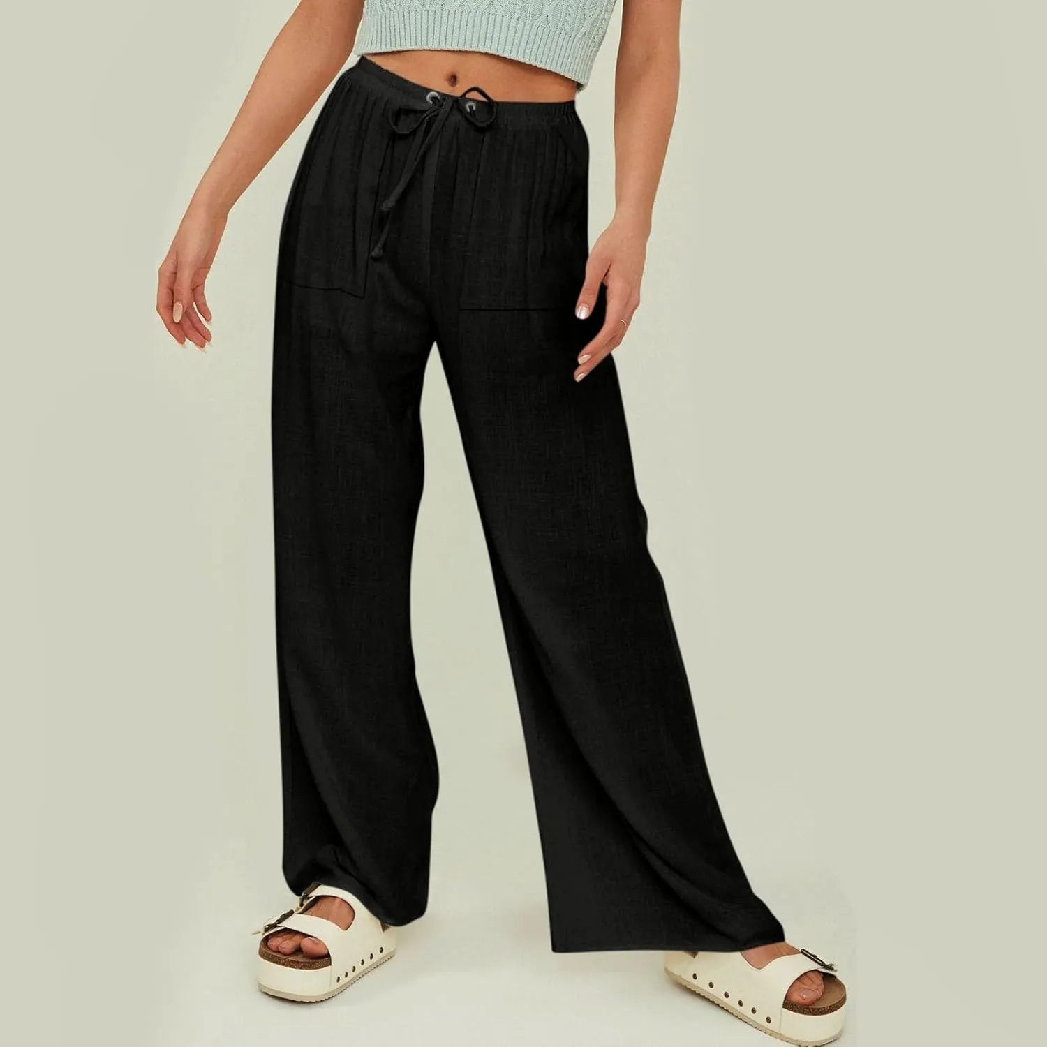 Women's Linen Pants Linen Pants Womens Leg Casual Loose Drawstring High Waist Womens Linen Pants Tall Linen Outfit Women