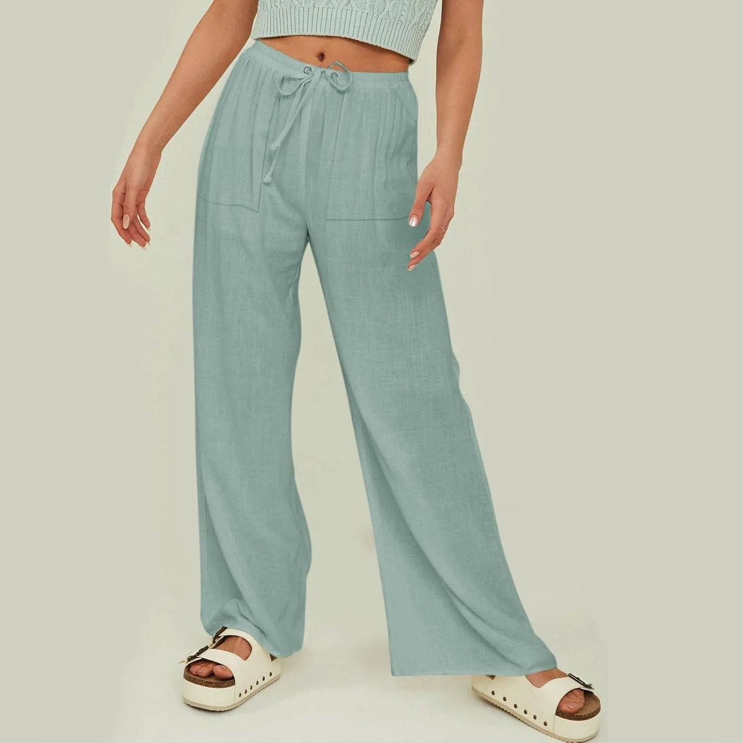 Women's Linen Pants Linen Pants Womens Leg Casual Loose Drawstring High Waist Womens Linen Pants Tall Linen Outfit Women