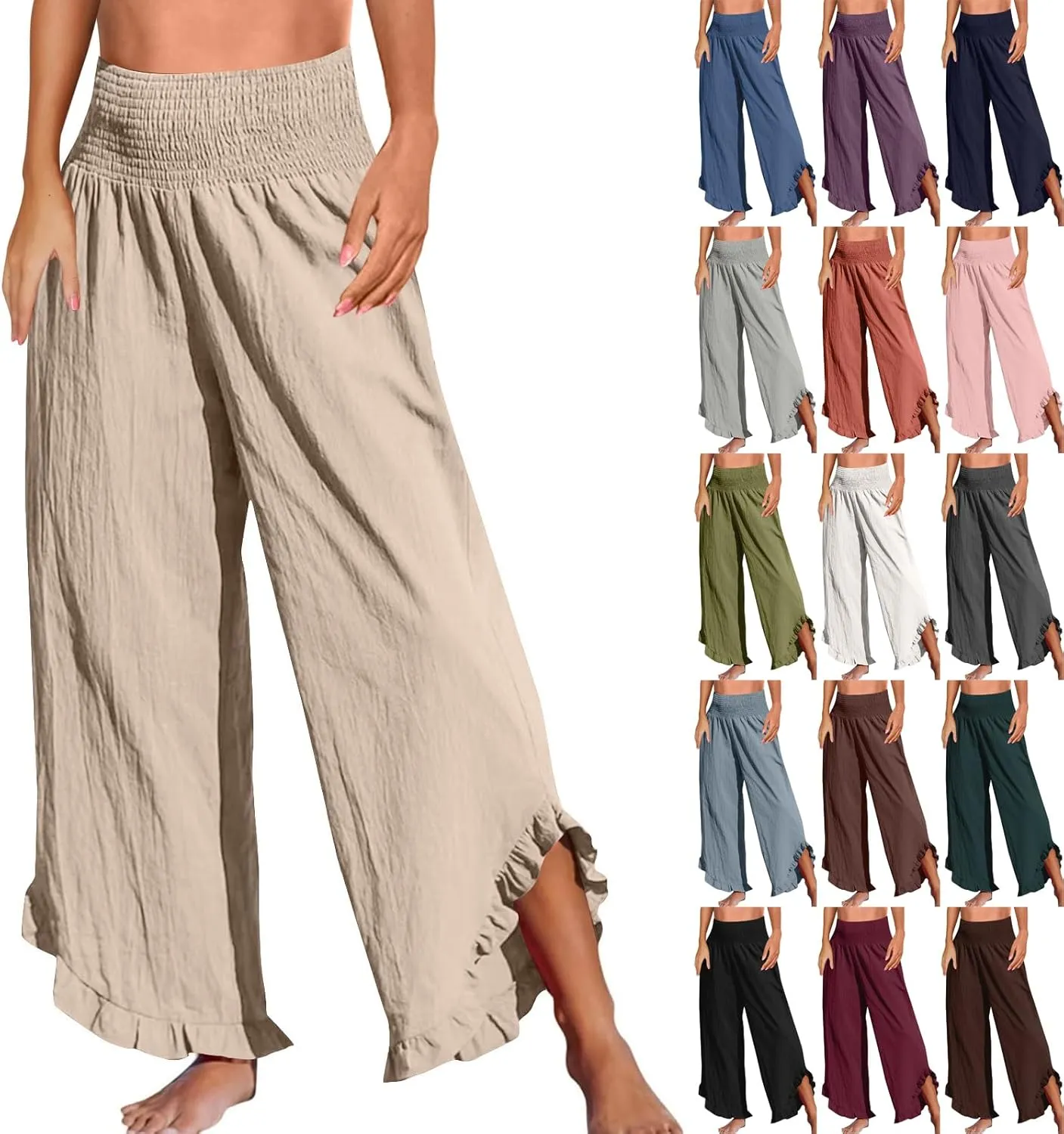 Womens Linen Pants Smocked Elastic Waist Wide Leg Pants Trendy Ruffle Hem Beach Pants Summer Lounge Pants with Pockets