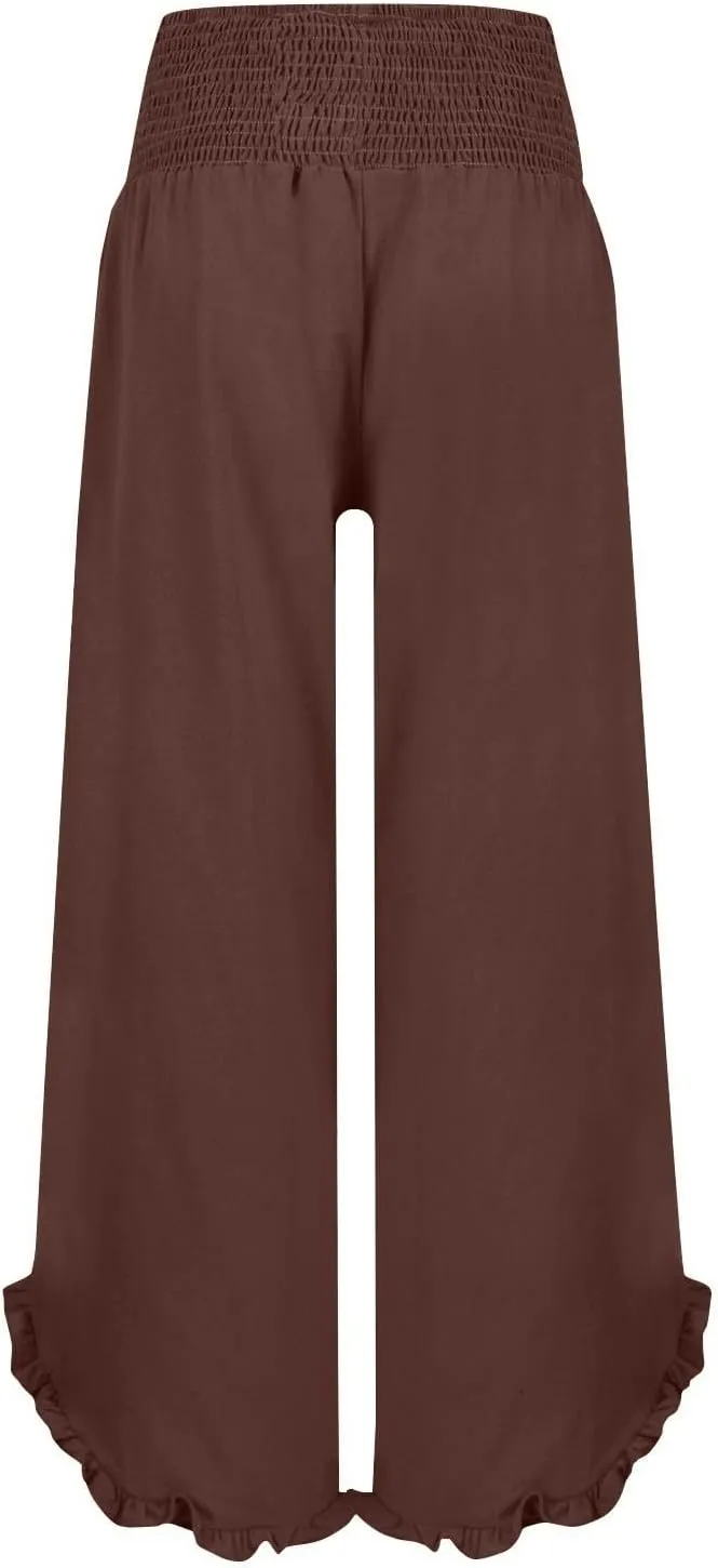 Womens Linen Pants Smocked Elastic Waist Wide Leg Pants Trendy Ruffle Hem Beach Pants Summer Lounge Pants with Pockets