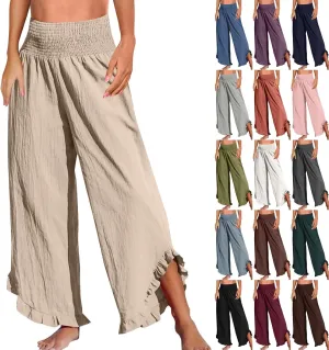 Womens Linen Pants Smocked Elastic Waist Wide Leg Pants Trendy Ruffle Hem Beach Pants Summer Lounge Pants with Pockets
