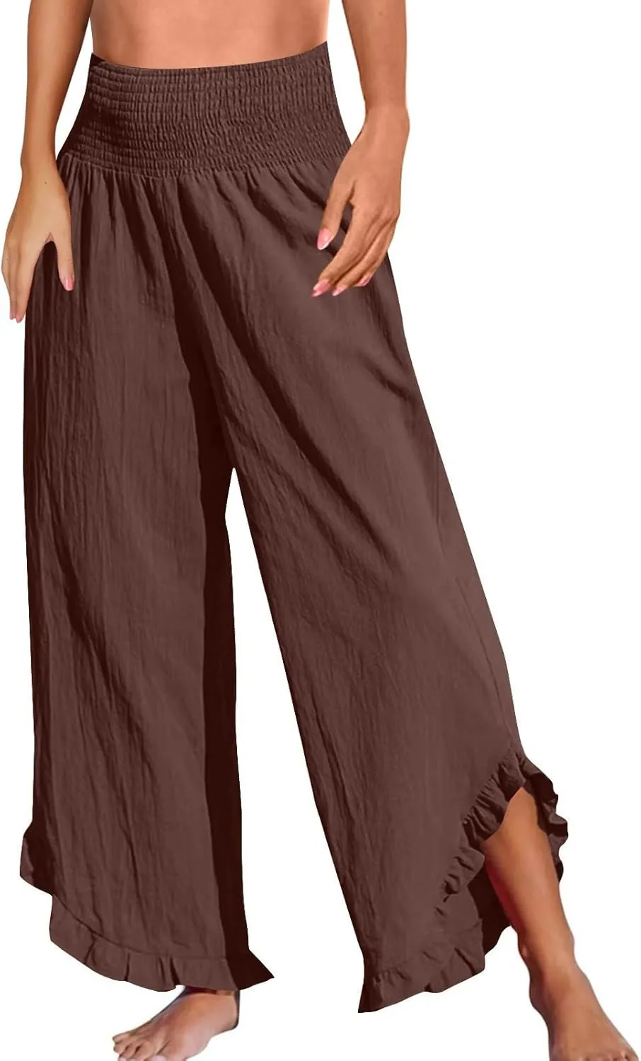 Womens Linen Pants Smocked Elastic Waist Wide Leg Pants Trendy Ruffle Hem Beach Pants Summer Lounge Pants with Pockets