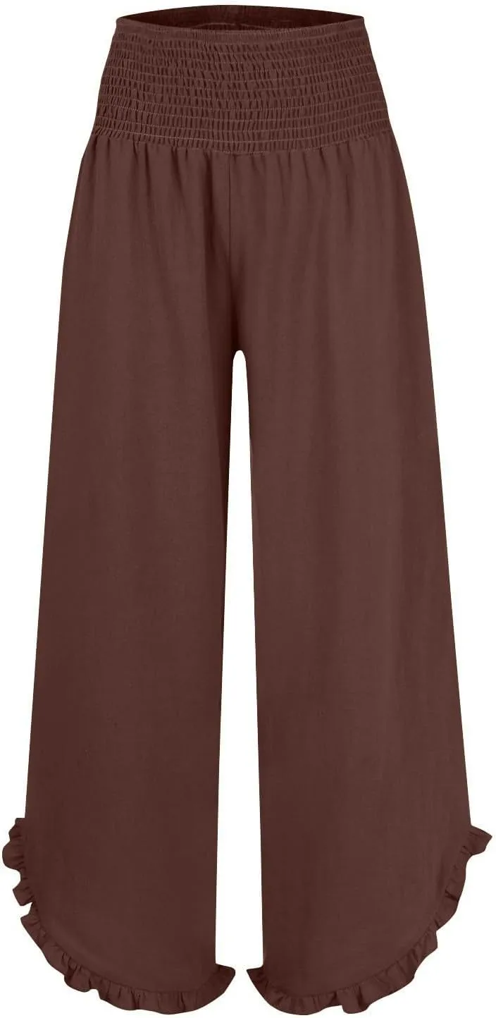 Womens Linen Pants Smocked Elastic Waist Wide Leg Pants Trendy Ruffle Hem Beach Pants Summer Lounge Pants with Pockets