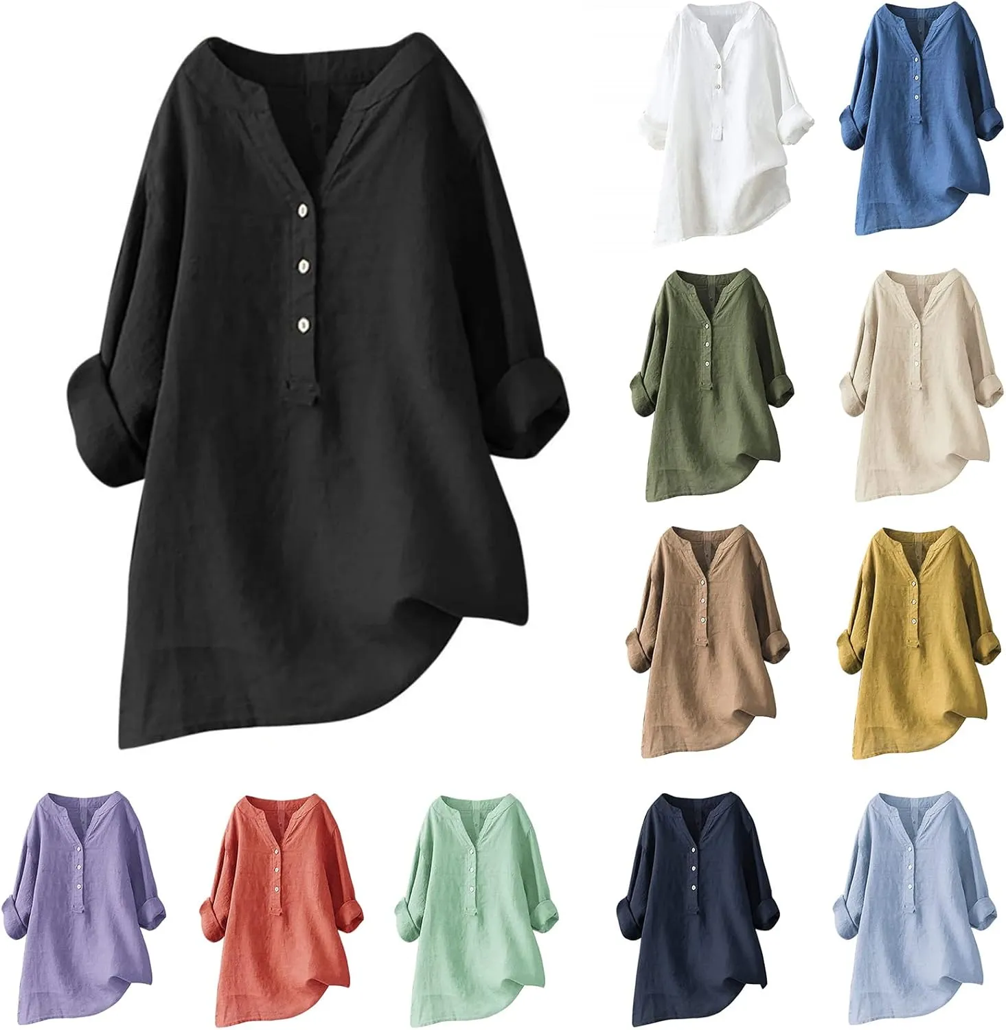 Womens Linen Tshirts Plus Size Loose Long Sleeve V Neck Button Down Tops Classic Flowy Solid Color Summer T-Shirts