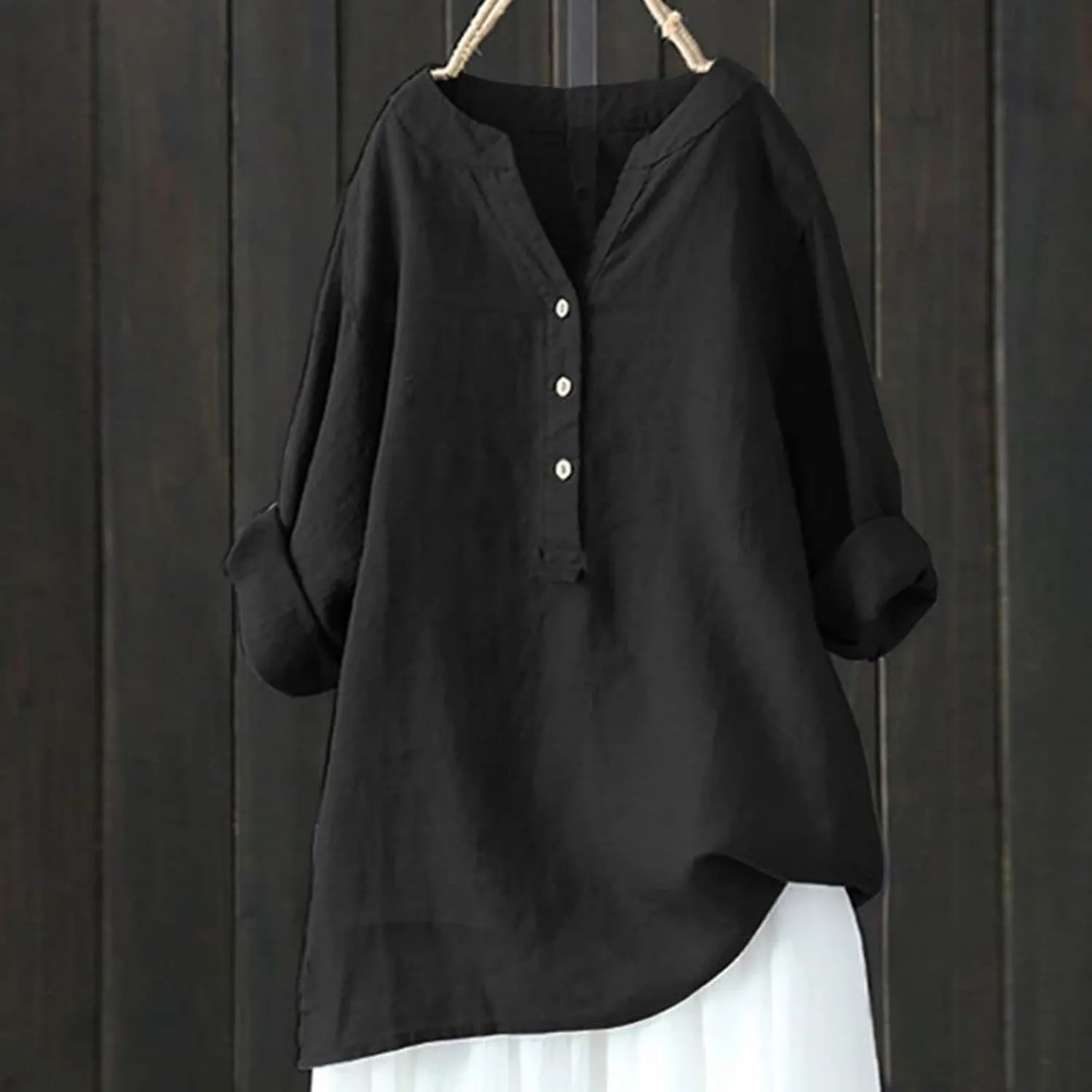 Womens Linen Tshirts Plus Size Loose Long Sleeve V Neck Button Down Tops Classic Flowy Solid Color Summer T-Shirts