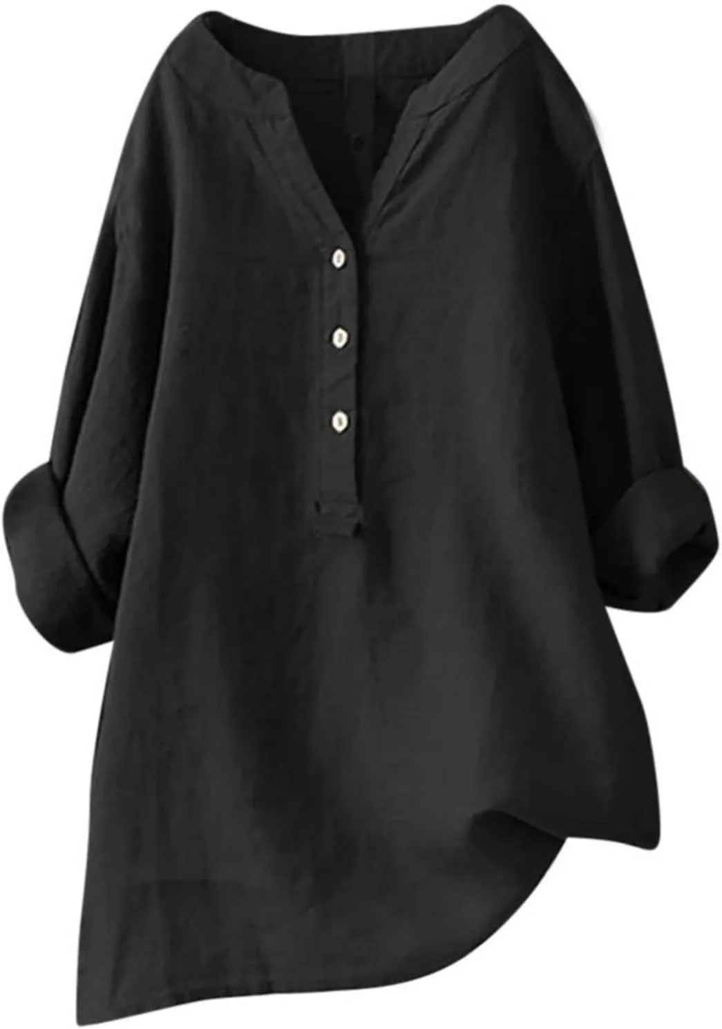 Womens Linen Tshirts Plus Size Loose Long Sleeve V Neck Button Down Tops Classic Flowy Solid Color Summer T-Shirts