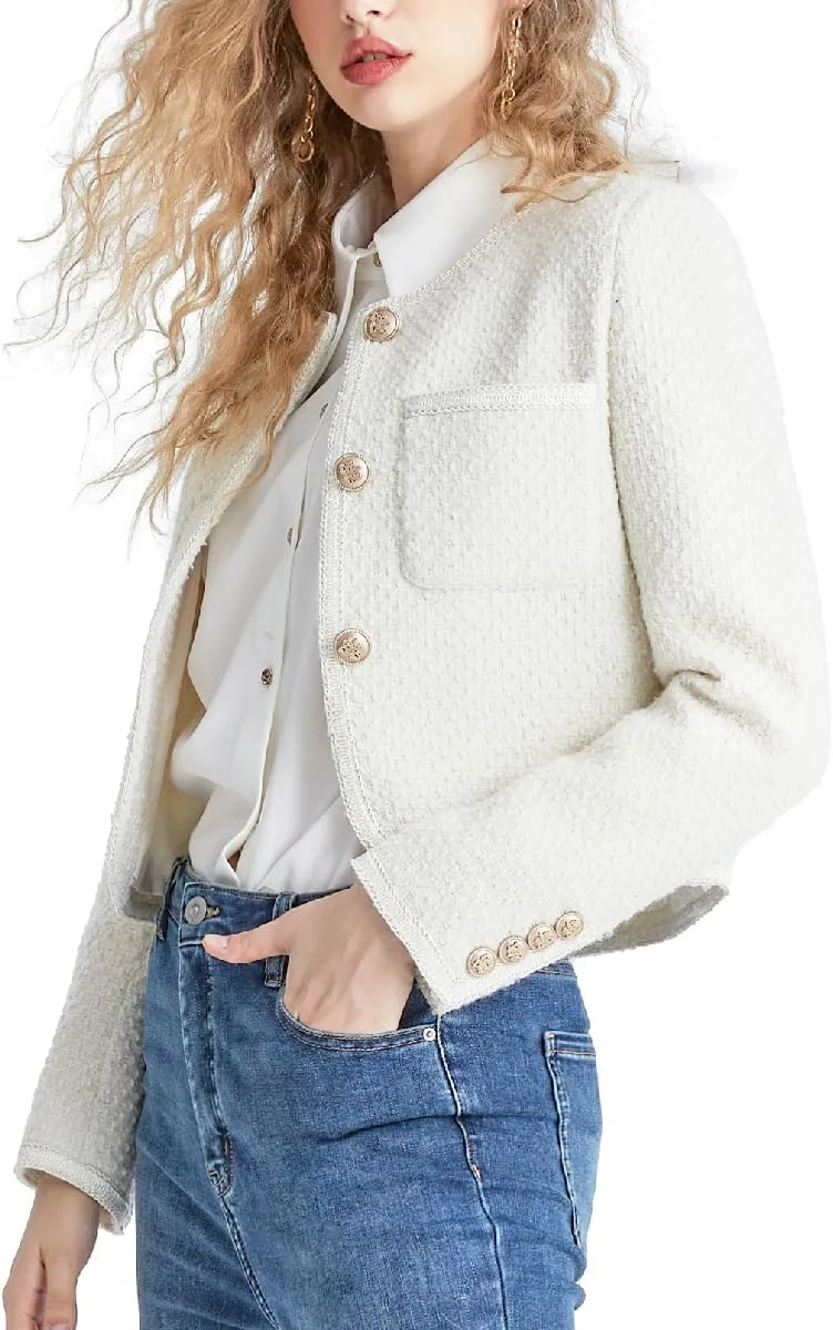 Women's Long Sleeve Cropped Tweed Jacket with Pocket Elegant Slim Fit