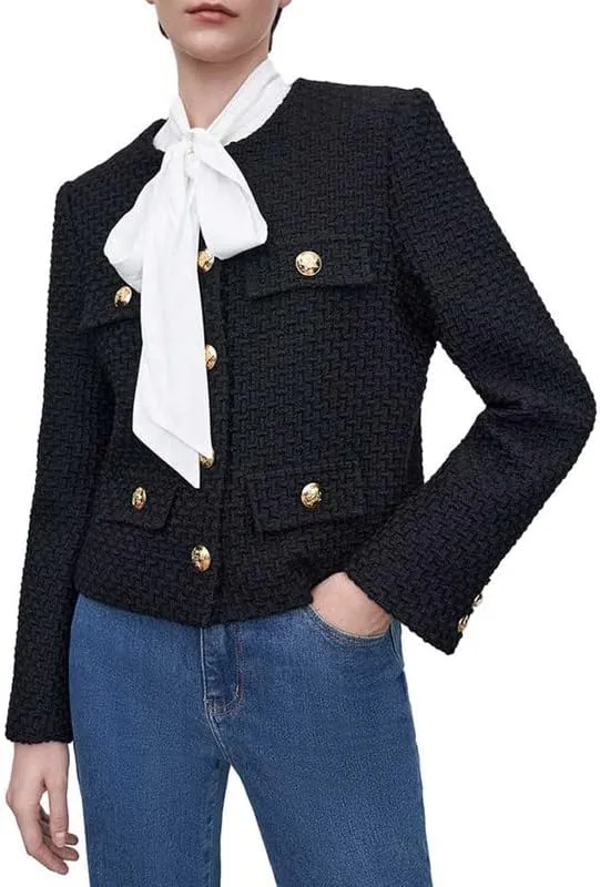 Women's Long Sleeve Cropped Tweed Jacket with Pocket Elegant Slim Fit