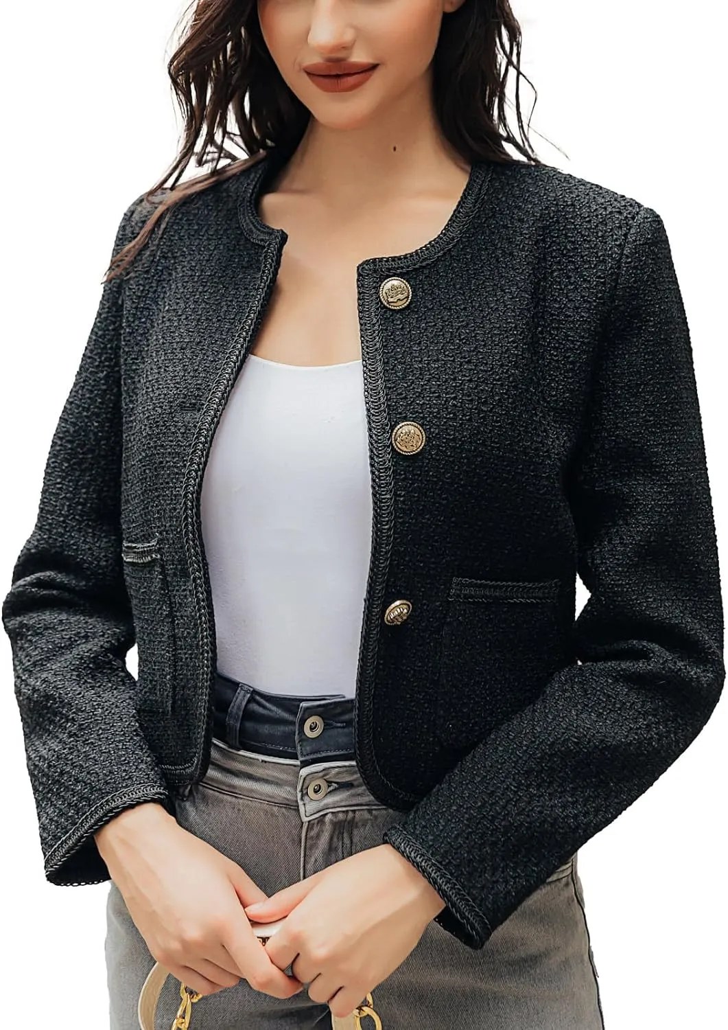 Women's Long Sleeve Cropped Tweed Jacket with Pocket Elegant Slim Fit
