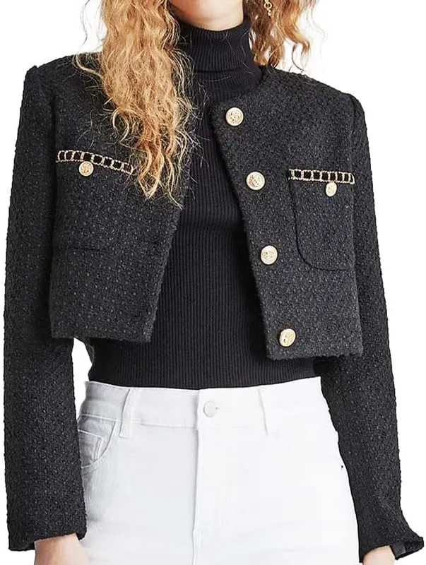 Women's Long Sleeve Cropped Tweed Jacket with Pocket Elegant Slim Fit