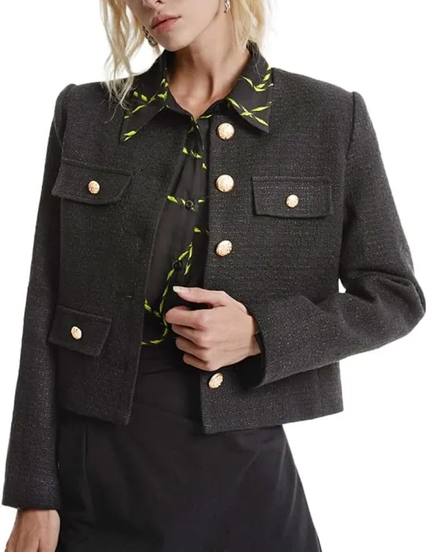 Women's Long Sleeve Cropped Tweed Jacket with Pocket Elegant Slim Fit