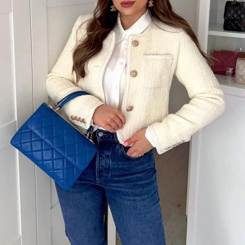 Women's Long Sleeve Cropped Tweed Jacket with Pocket Elegant Slim Fit
