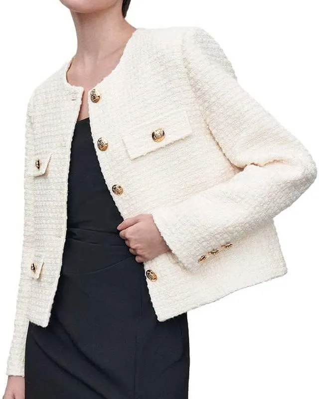 Women's Long Sleeve Cropped Tweed Jacket with Pocket Elegant Slim Fit