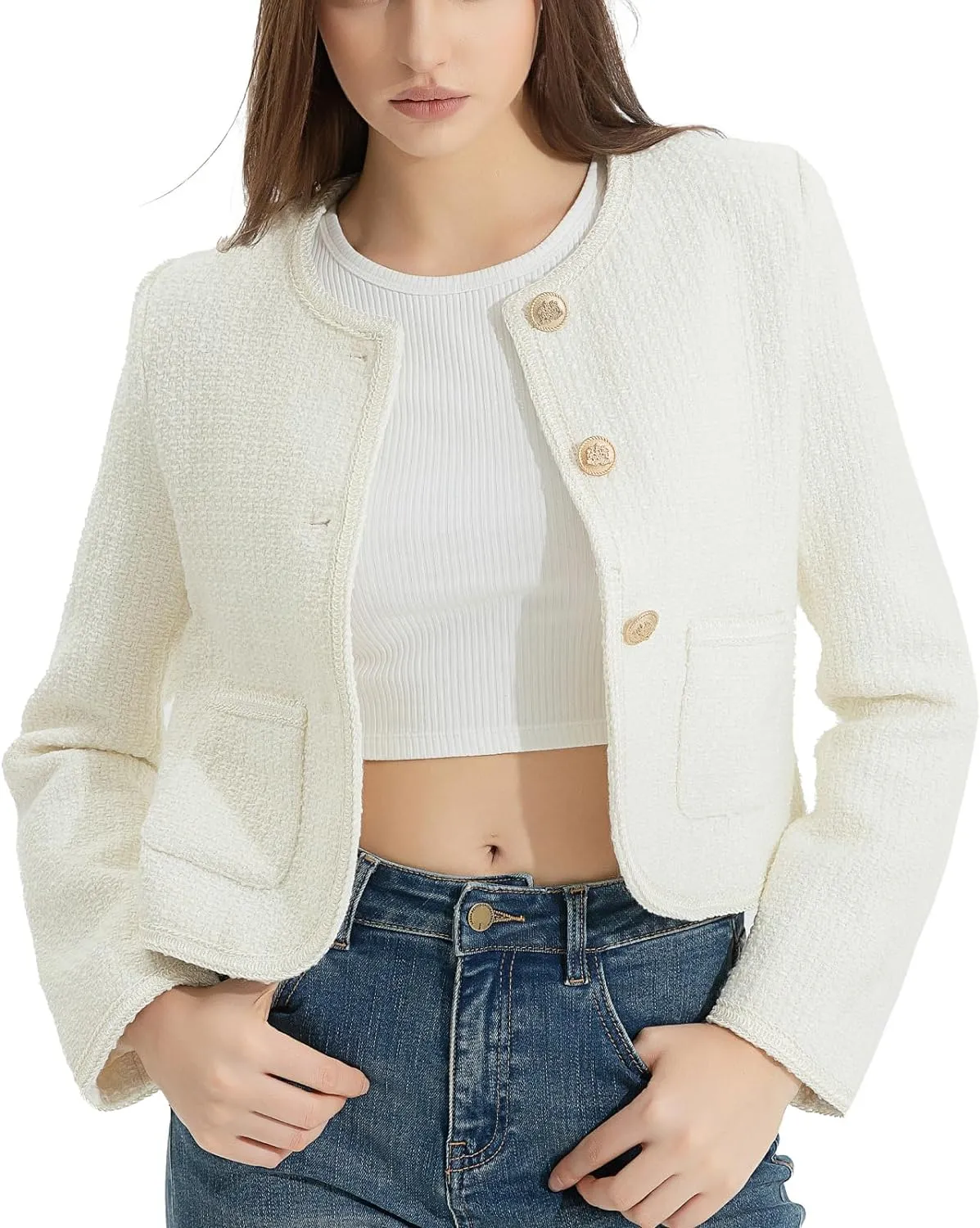 Women's Long Sleeve Cropped Tweed Jacket with Pocket Elegant Slim Fit