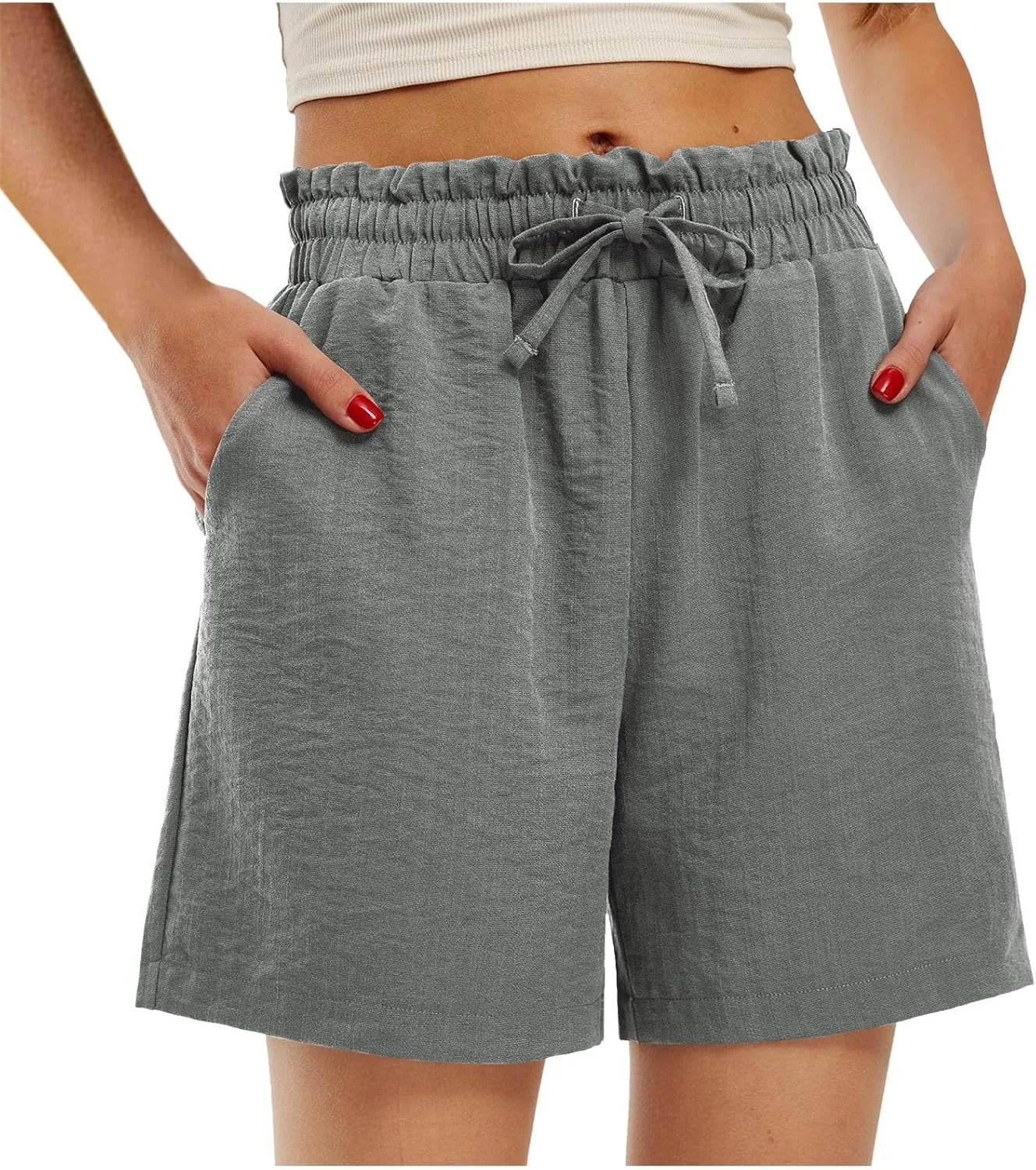 Womens Lounge Shorts Summer Casual Drawstring High Waisted Linen Shorts Comfy Lightweight Pull on Shorts with Pockets