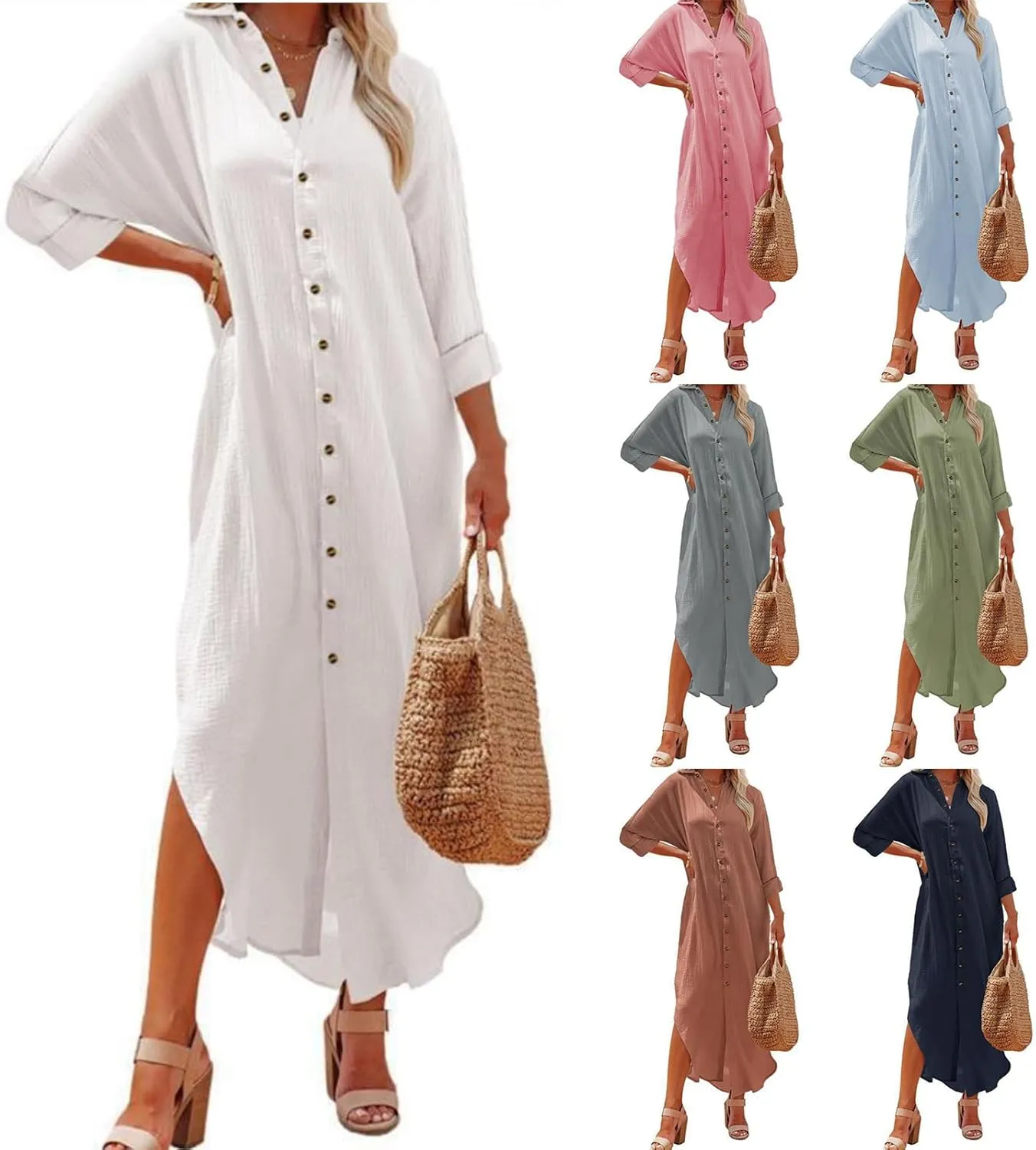 Womens Maxi Dress Summer Button Front Maxi Shirt Dress Casual Short Sleeve Side Split Cardigan Light Beach Sundress