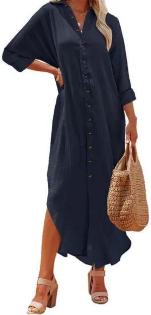 Womens Maxi Dress Summer Button Front Maxi Shirt Dress Casual Short Sleeve Side Split Cardigan Light Beach Sundress