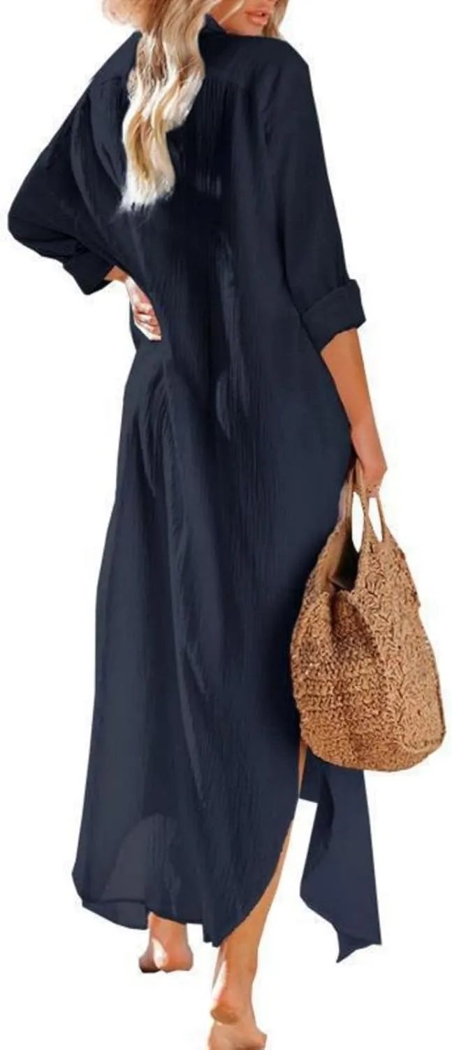 Womens Maxi Dress Summer Button Front Maxi Shirt Dress Casual Short Sleeve Side Split Cardigan Light Beach Sundress