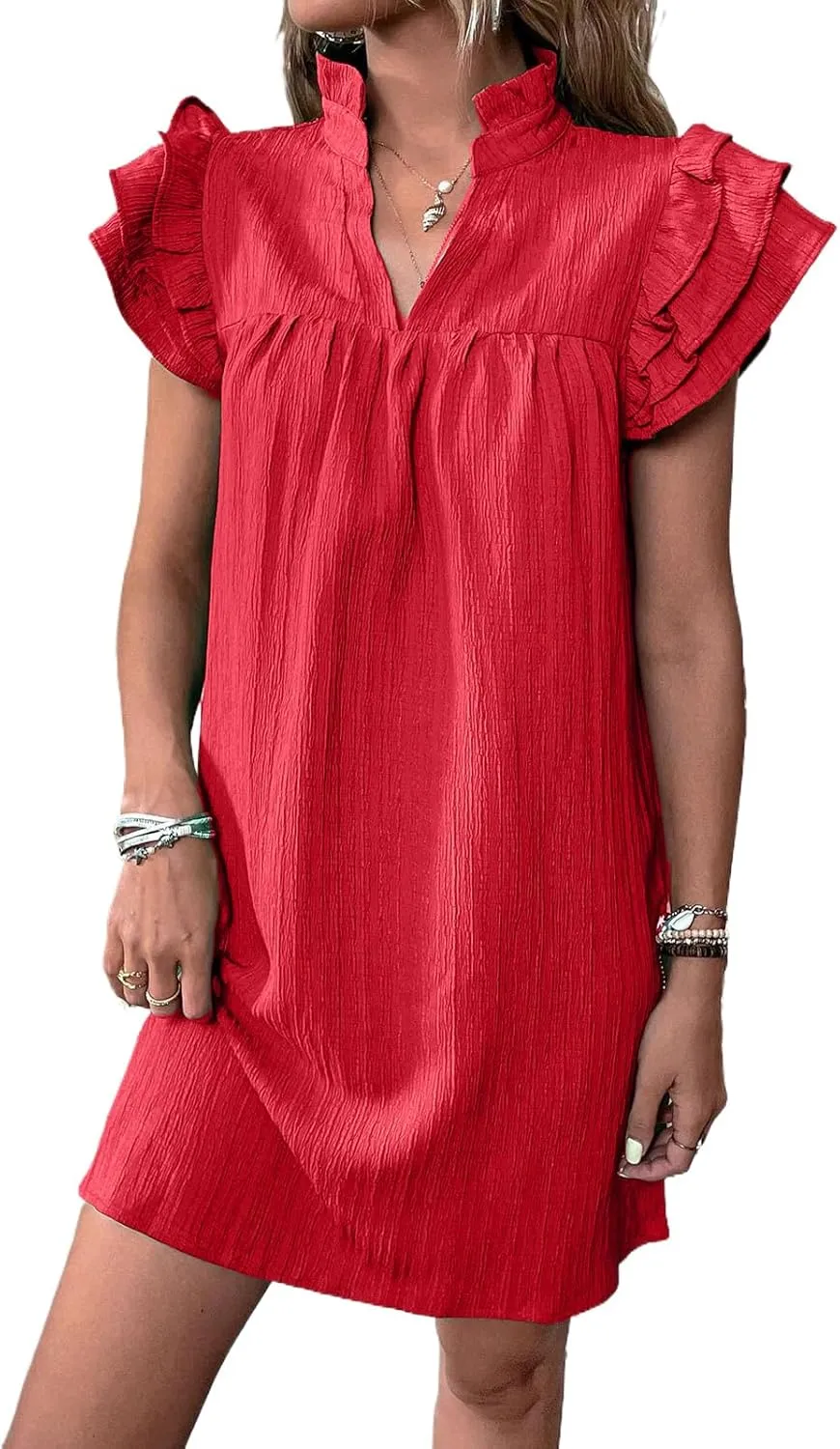 Womens Mini Dress Summer Ruffle Short Sleeve V Neck Dress Loose Solid Color Party Dresses Fashion Basic Beach Dresses