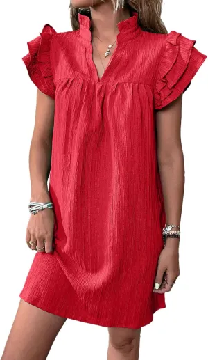 Womens Mini Dress Summer Ruffle Short Sleeve V Neck Dress Loose Solid Color Party Dresses Fashion Basic Beach Dresses