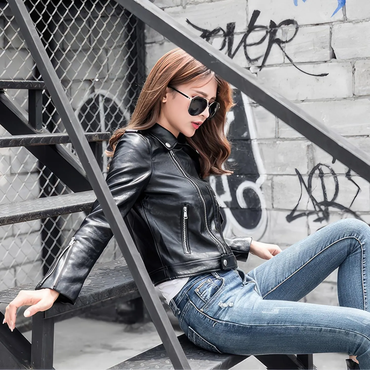 Women's Motorcycle Black Genuine Sheepskin Biker Leather Jacket Lapel Collar Punk Moto Retro Design Riding Streetwear Coat