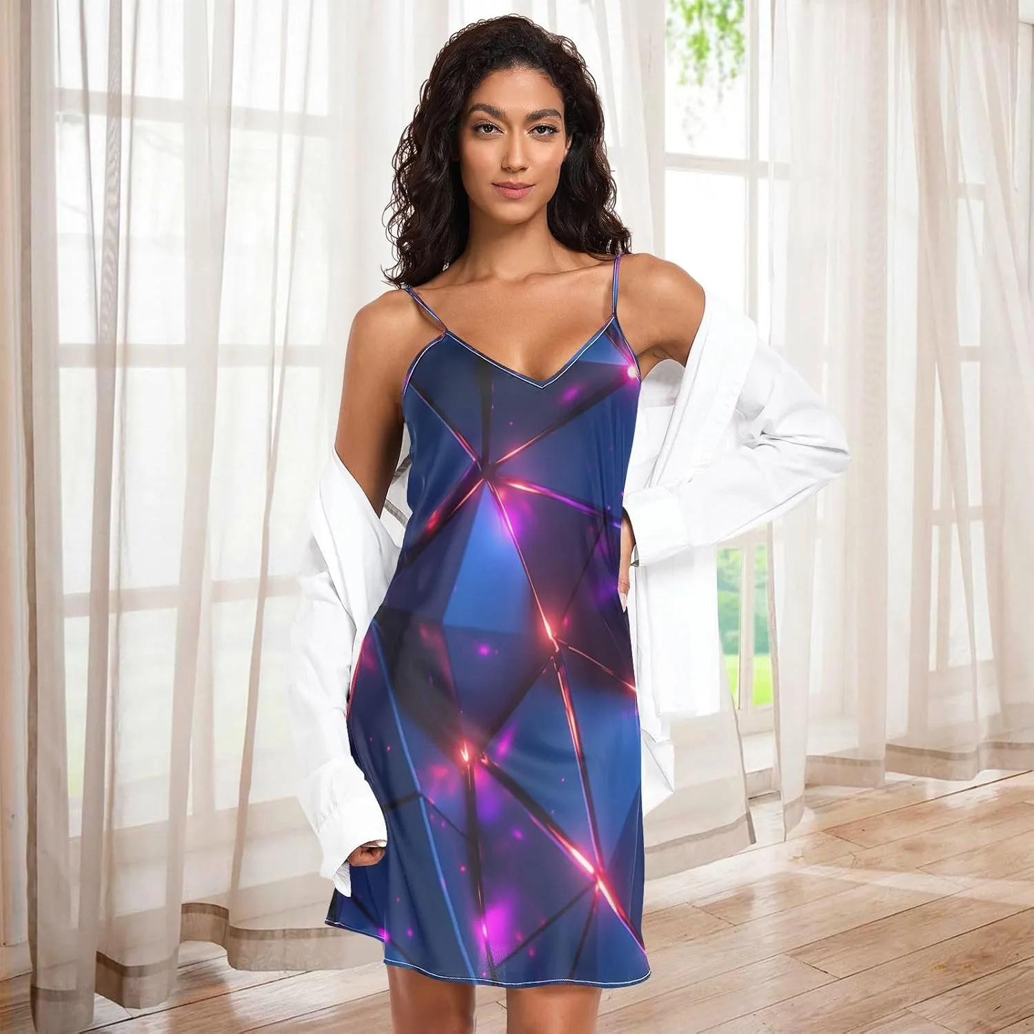 Women's Nightgowns Satin Slip Dress Nightdress Abstract Geometric Pattern Sleepwear Chemises Slip Mini Dress