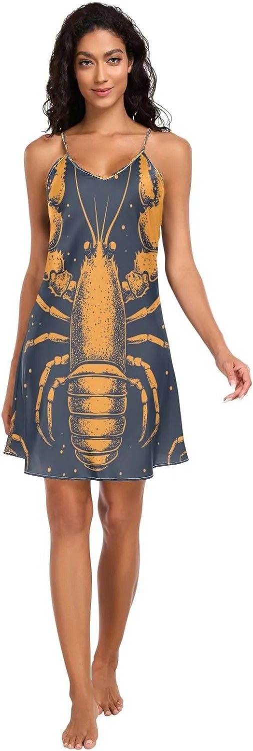 Women's Nightgowns Satin Slip Dress Nightdress Abstract Lobster Sleepwear Chemises Slip Mini Dress