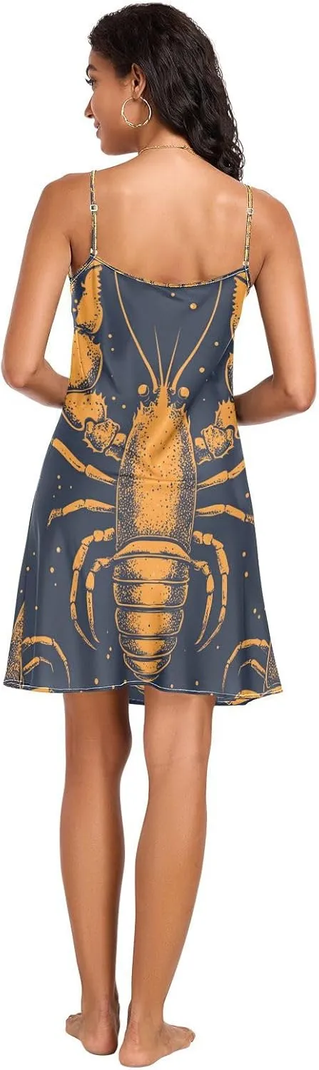 Women's Nightgowns Satin Slip Dress Nightdress Abstract Lobster Sleepwear Chemises Slip Mini Dress