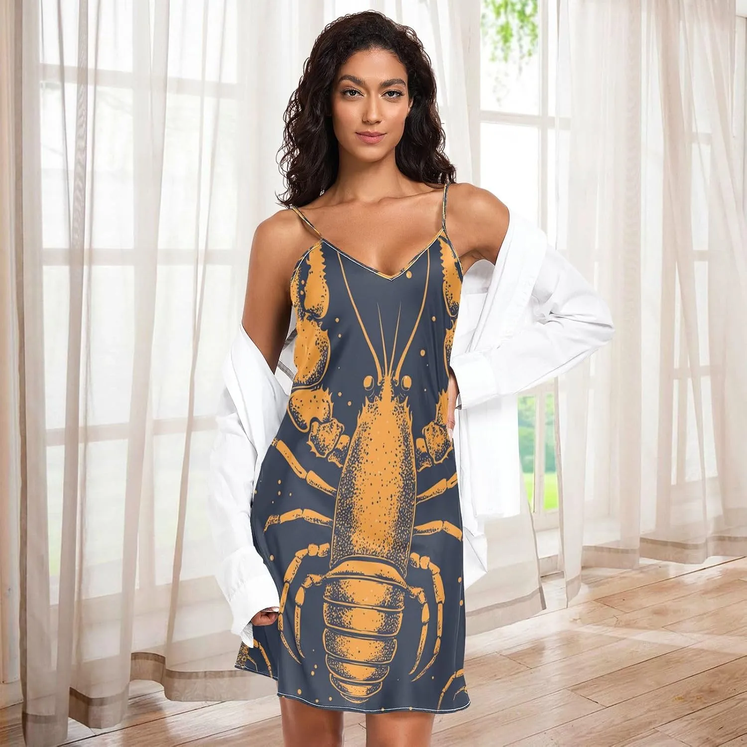Women's Nightgowns Satin Slip Dress Nightdress Abstract Lobster Sleepwear Chemises Slip Mini Dress