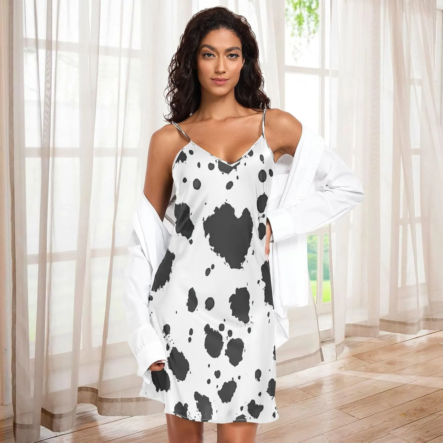 Women's Nightgowns Satin Slip Dress Nightdress Country Cow Animal Pattern Sleepwear Chemises Slip Mini Dress