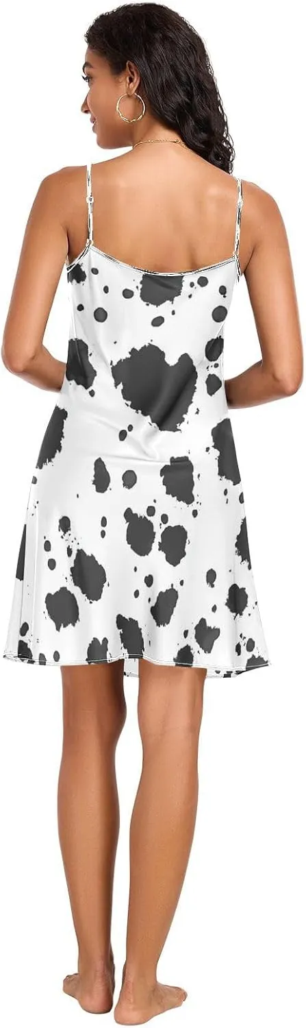 Women's Nightgowns Satin Slip Dress Nightdress Country Cow Animal Pattern Sleepwear Chemises Slip Mini Dress