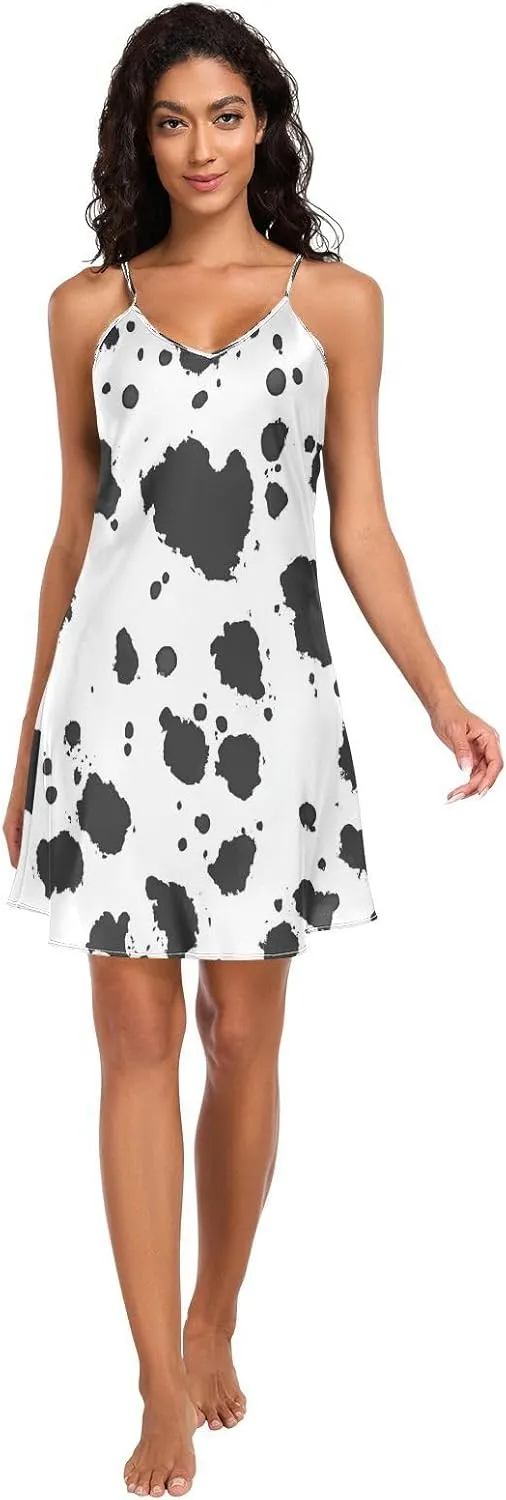 Women's Nightgowns Satin Slip Dress Nightdress Country Cow Animal Pattern Sleepwear Chemises Slip Mini Dress