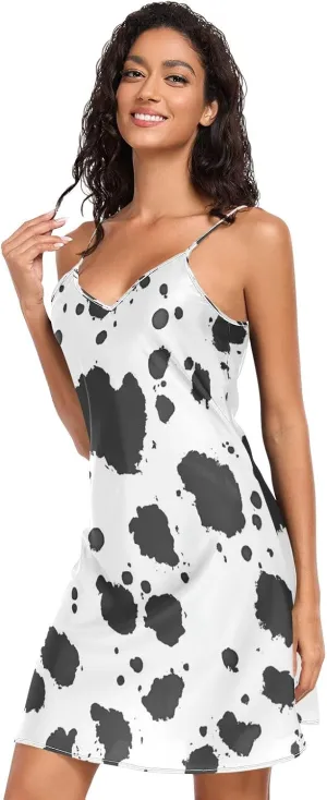Women's Nightgowns Satin Slip Dress Nightdress Country Cow Animal Pattern Sleepwear Chemises Slip Mini Dress