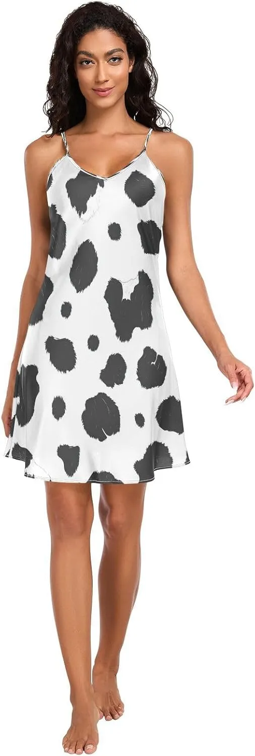 Women's Nightgowns Satin Slip Dress Nightdress Country Cow Animal Sleepwear Chemises Slip Mini Dress