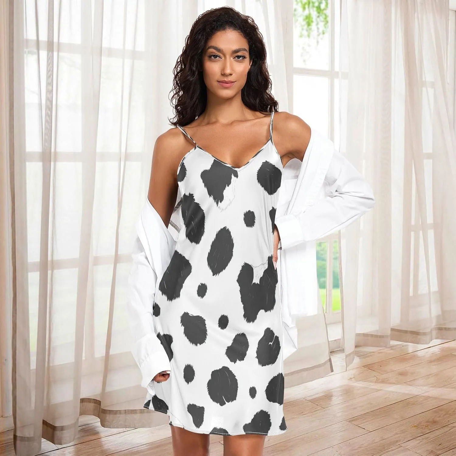 Women's Nightgowns Satin Slip Dress Nightdress Country Cow Animal Sleepwear Chemises Slip Mini Dress