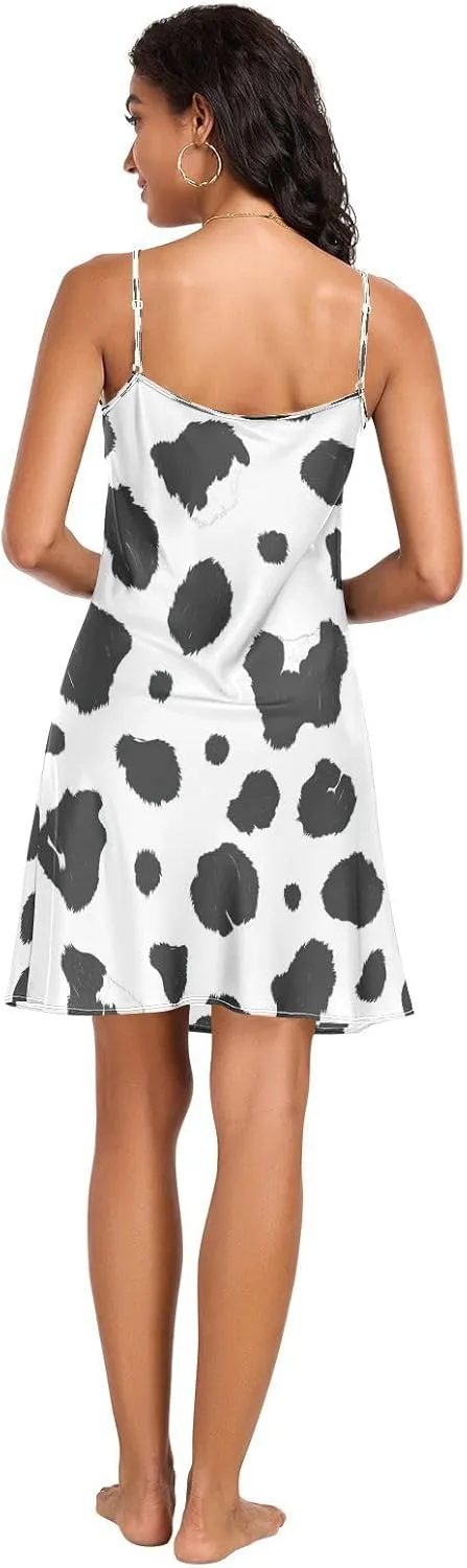 Women's Nightgowns Satin Slip Dress Nightdress Country Cow Animal Sleepwear Chemises Slip Mini Dress