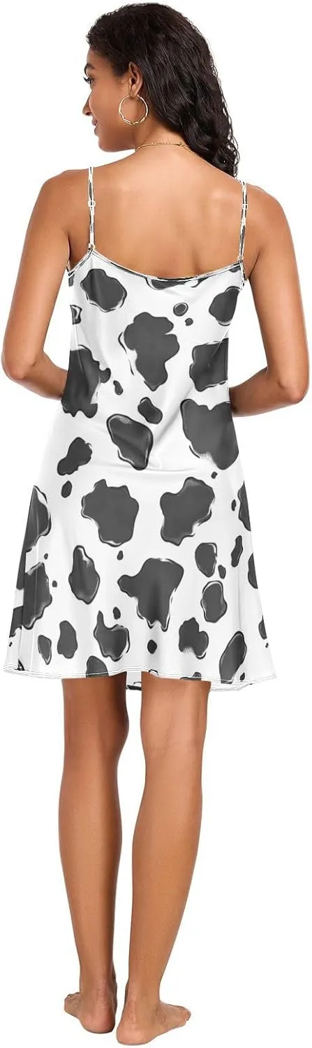 Women's Nightgowns Satin Slip Dress Nightdress Cow Print Sleepwear Chemises Slip Mini Dress