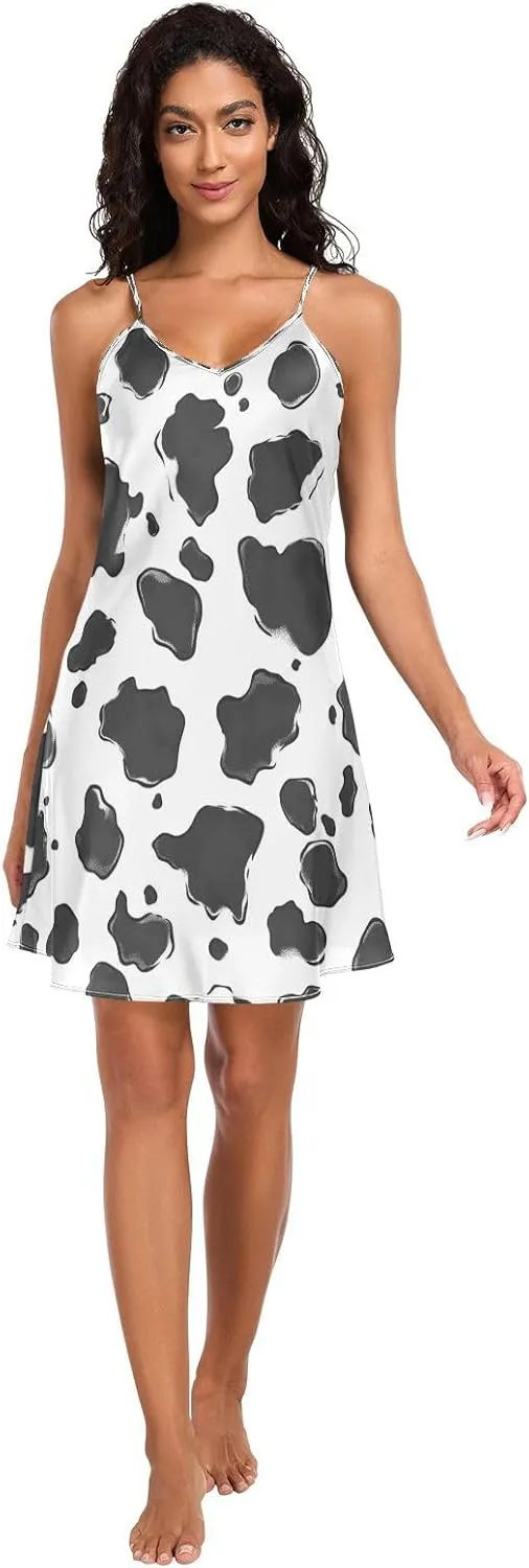 Women's Nightgowns Satin Slip Dress Nightdress Cow Print Sleepwear Chemises Slip Mini Dress
