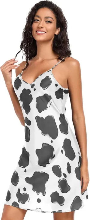 Women's Nightgowns Satin Slip Dress Nightdress Cow Print Sleepwear Chemises Slip Mini Dress