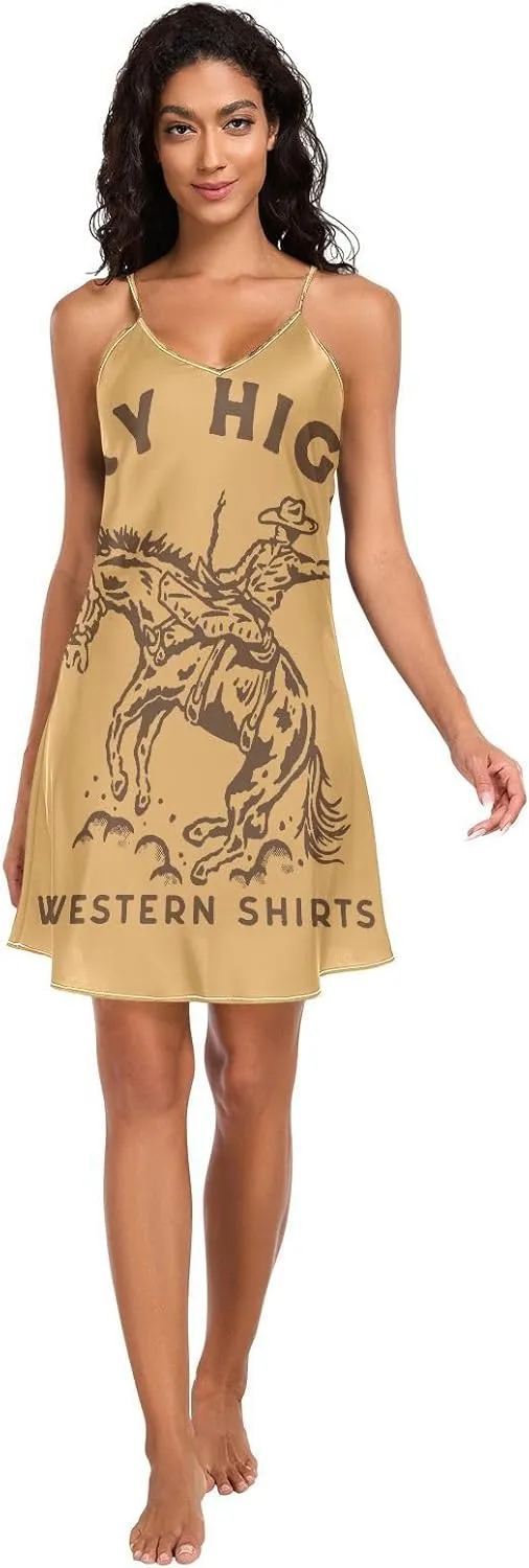 Women's Nightgowns Satin Slip Dress Nightdress Cowboy Design Sleepwear Chemises Slip Mini Dress