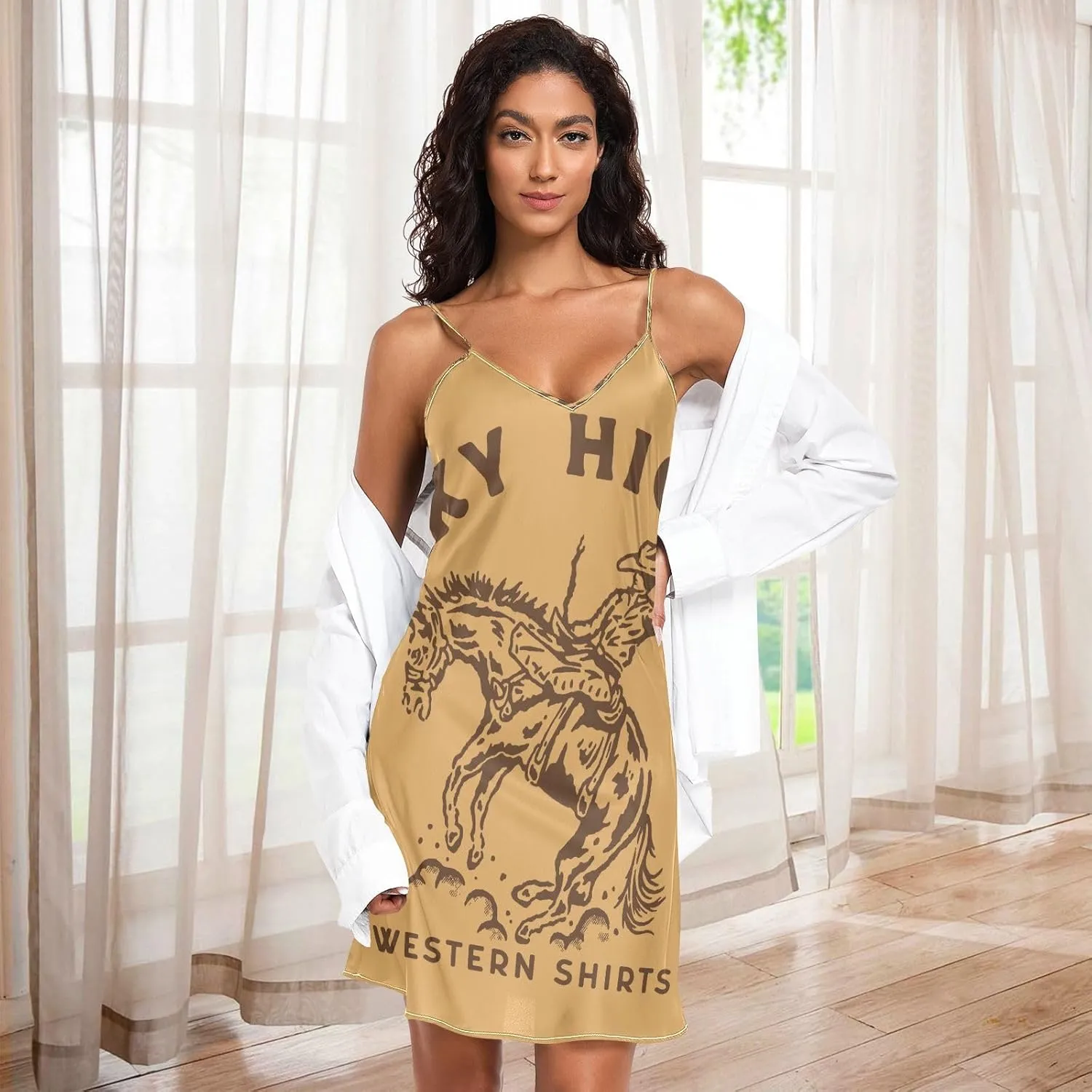 Women's Nightgowns Satin Slip Dress Nightdress Cowboy Design Sleepwear Chemises Slip Mini Dress