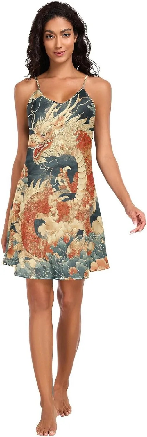 Women's Nightgowns Satin Slip Dress Nightdress Design with Dragon Sleepwear Chemises Slip Mini Dress