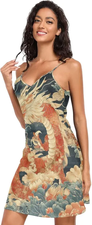 Women's Nightgowns Satin Slip Dress Nightdress Design with Dragon Sleepwear Chemises Slip Mini Dress