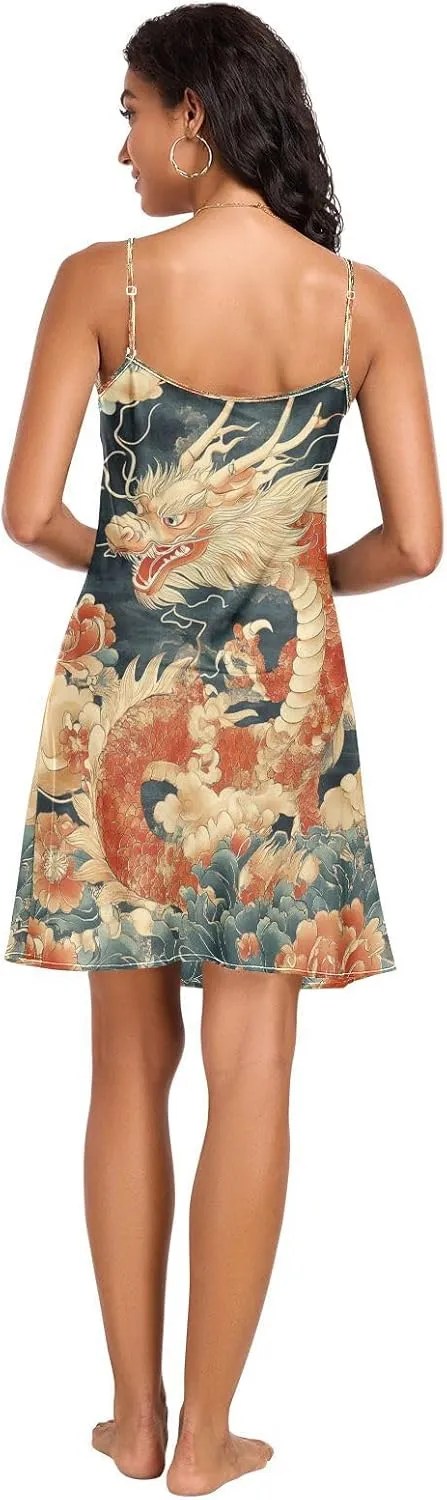 Women's Nightgowns Satin Slip Dress Nightdress Design with Dragon Sleepwear Chemises Slip Mini Dress