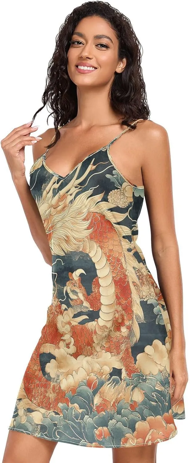 Women's Nightgowns Satin Slip Dress Nightdress Design with Dragon Sleepwear Chemises Slip Mini Dress