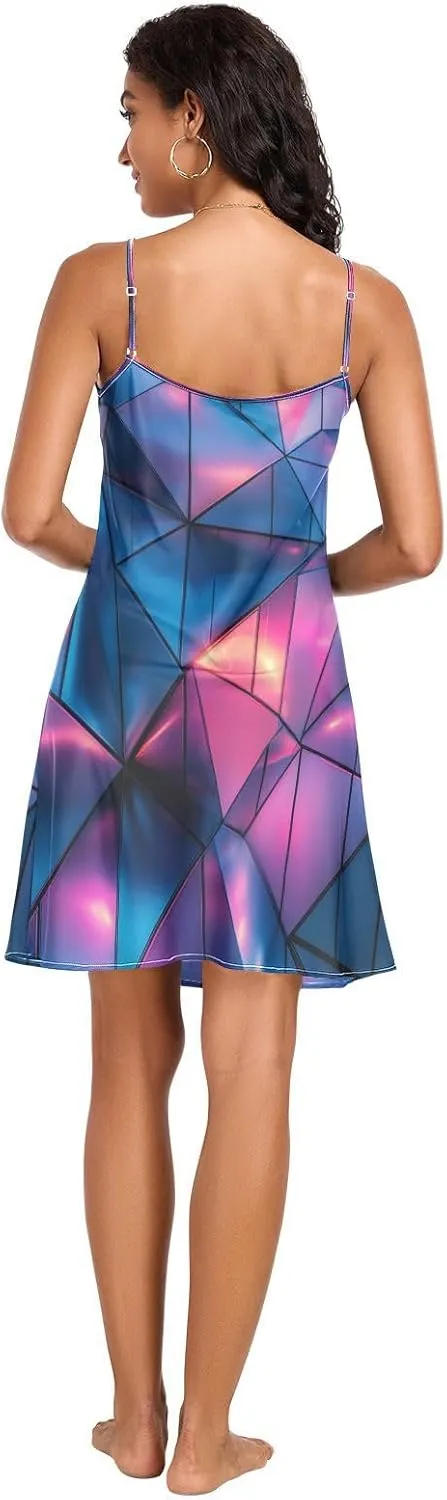Women's Nightgowns Satin Slip Dress Nightdress Geometric Triangles Sleepwear Chemises Slip Mini Dress