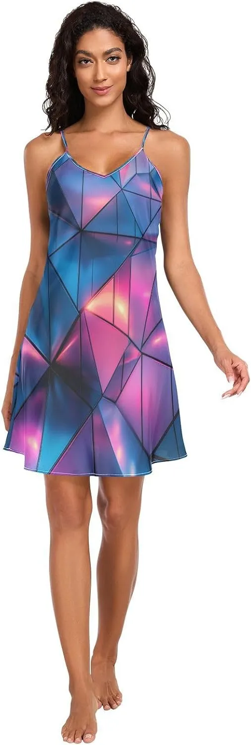 Women's Nightgowns Satin Slip Dress Nightdress Geometric Triangles Sleepwear Chemises Slip Mini Dress