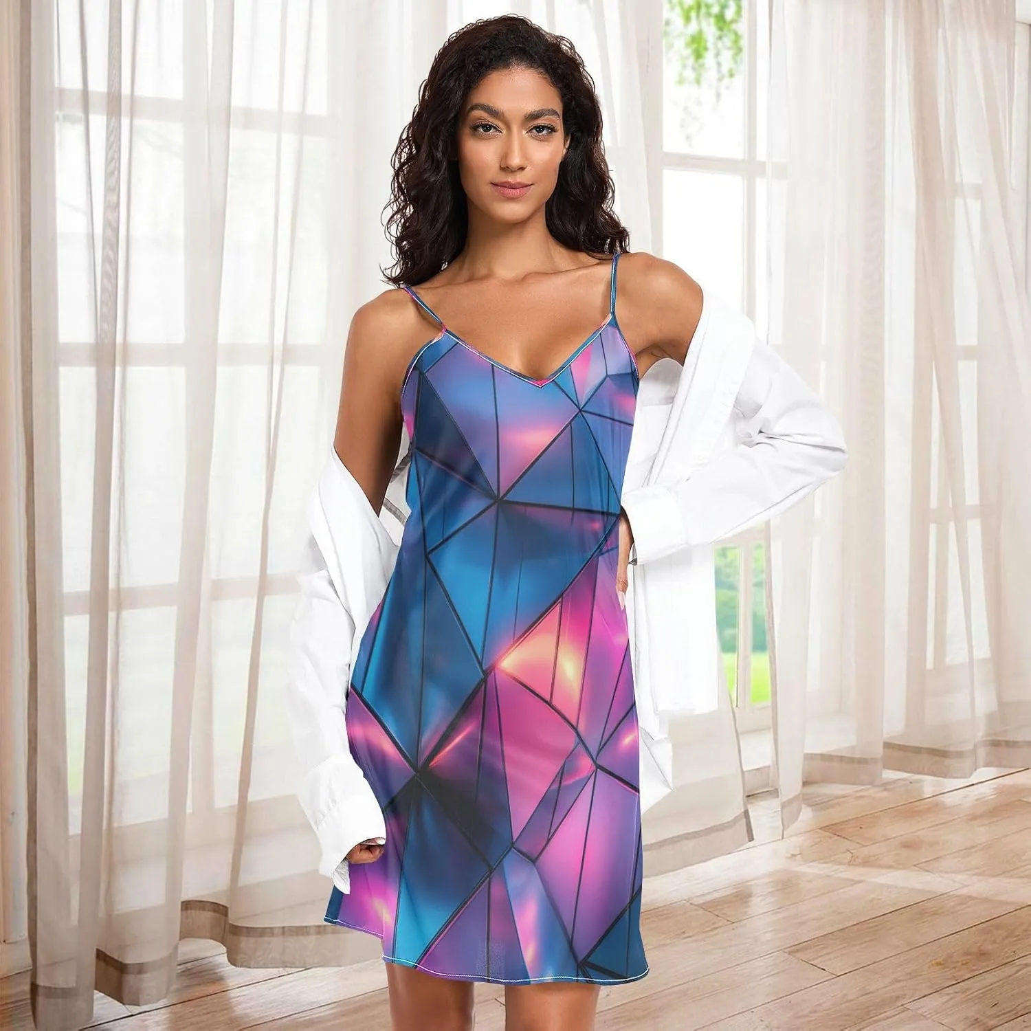 Women's Nightgowns Satin Slip Dress Nightdress Geometric Triangles Sleepwear Chemises Slip Mini Dress
