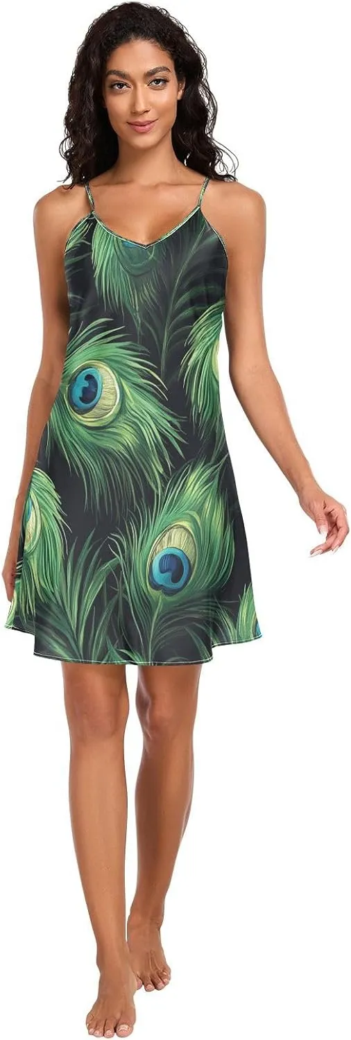 Women's Nightgowns Satin Slip Dress Nightdress Peacock Feathers Sleepwear Chemises Slip Mini Dress