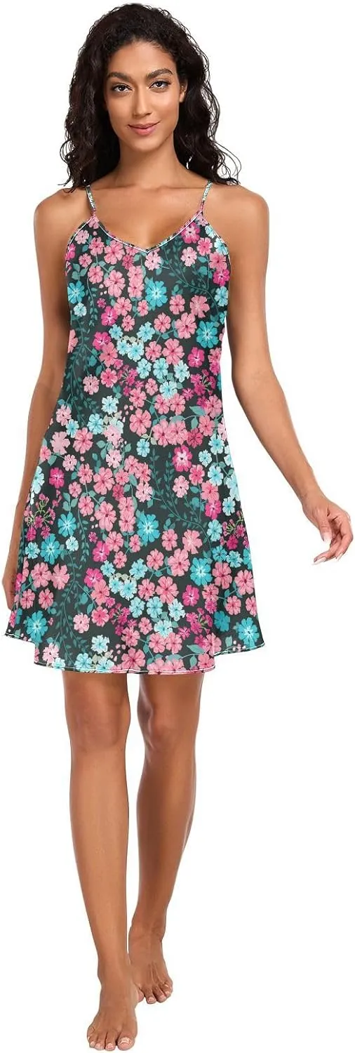 Women's Nightgowns Satin Slip Dress Nightdress Small Colorful Flowers Sleepwear Chemises Slip Mini Dress